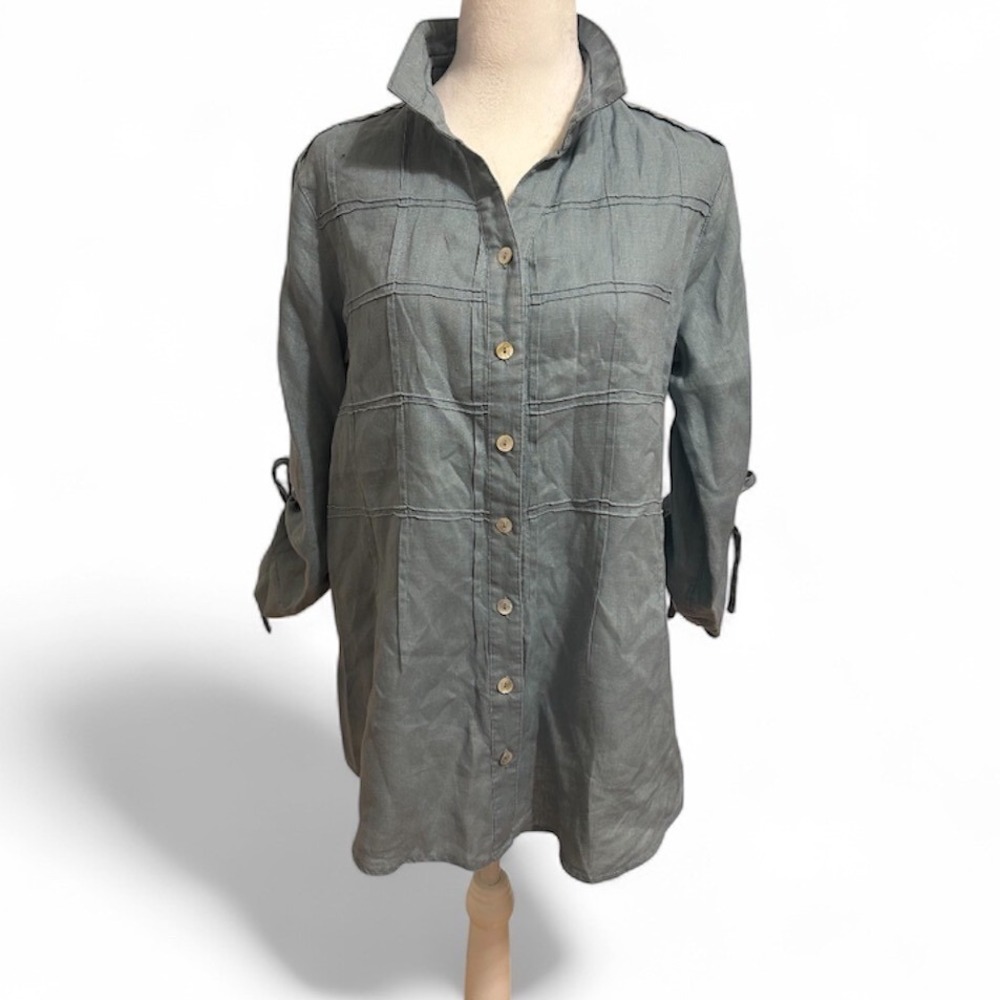 John Mark euro summer linen button up ruched sleeve blue gray boho top